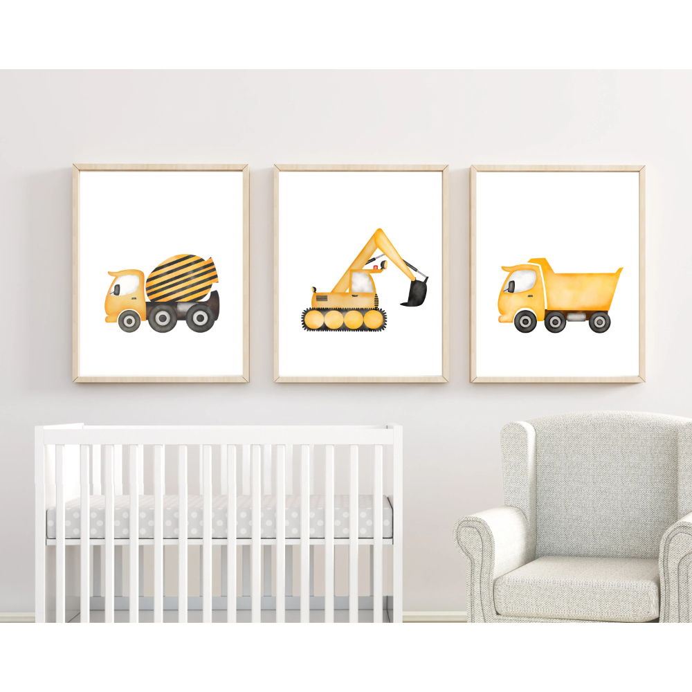 Heavy Equipment Background - 3pcs Minimalist Cartoon Construction Vehicle Art
